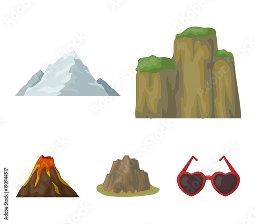 Sheer cliffs, a volcanic eruption, a mountain with a beach, a glacier. Different mountains set collection icons in cartoon style vector symbol stock illustration web.