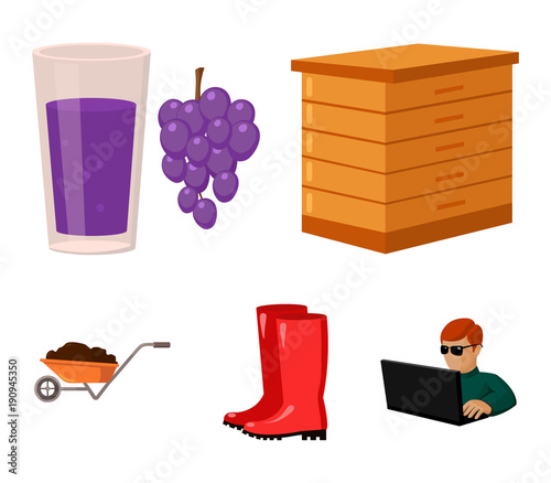 Hive, grapes, boots, wheelbarrow.Farm set collection icons in cartoon style vector symbol stock illustration web.