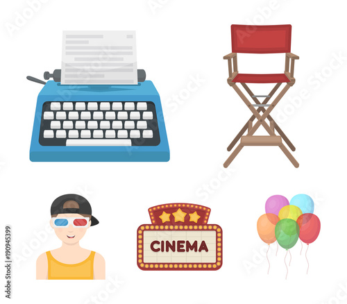 Chair of the director, typewriter, cinematographic signboard, film-man. Films and cinema set collection icons in cartoon style vector symbol stock illustration web.