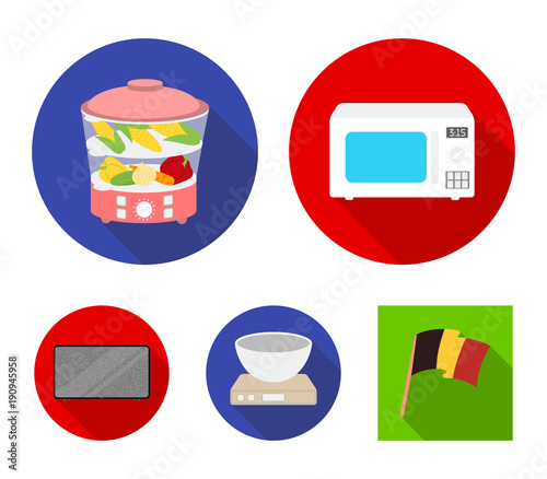 Steamer, microwave oven, scales, lcd tv.Household set collection icons in flat style vector symbol stock illustration web.