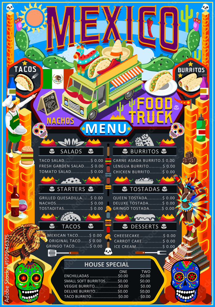 Fast food truck festival menu Mexican taco chili pepper burrito brochure street food poster design. Vintage party invite with hand drawn graphic. Vector food menu template for hipster flyer or board
