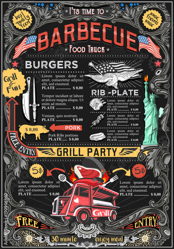Fast food truck festival menu American BBQ Grill brochure street food poster design. Vintage party invite with hand drawn graphic. Vector food menu template for hipster flyer or board.