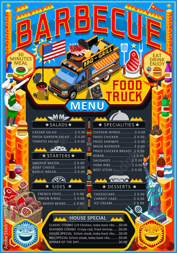 Fast food truck festival menu American BBQ Grill brochure street food poster design. Vintage party invite with hand drawn graphic. Vector food menu template for hipster flyer or board.