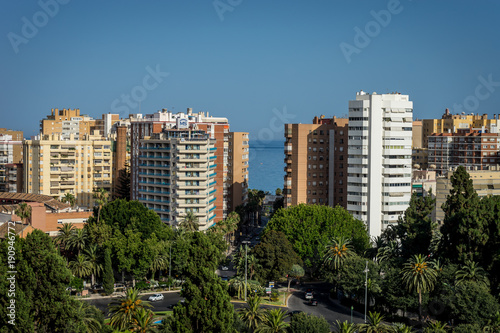 City skyline of Malaga overlooking the sea ocean in Malaga, Spain, Europe