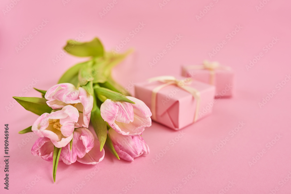 Valentines day background with pink tulips and gift box over pink background. Space for text