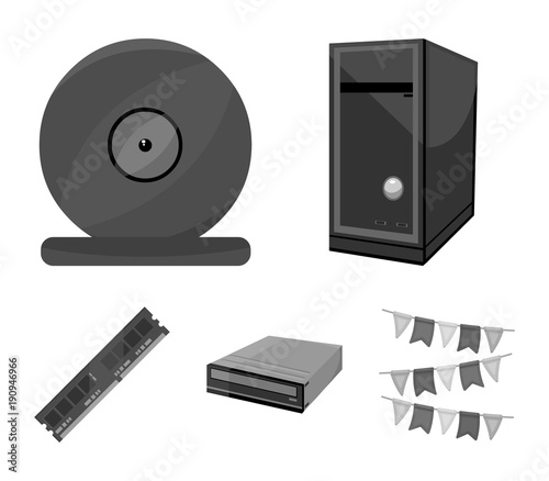 System unit, memory card and other equipment. Personal computer set collection icons in monochrome style vector symbol stock illustration web.