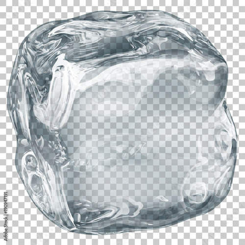 One big realistic translucent ice cube in gray color on transparent background. Transparency only in vector format
