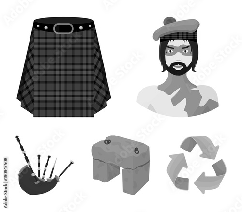 Highlander, Scottish Viking, tartan, kilt, scottish skirt, scone stone, national musical instrument of bagpipes. Scotland set collection icons in monochrome style vector symbol stock illustration web. photo