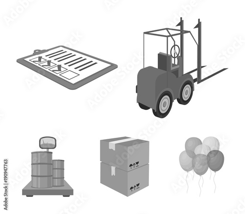 Forklift, delivery slips, packaged goods, cargo on weighing scales. Logistics and delivery set collection icons in monochrome style isometric vector symbol stock illustration web.