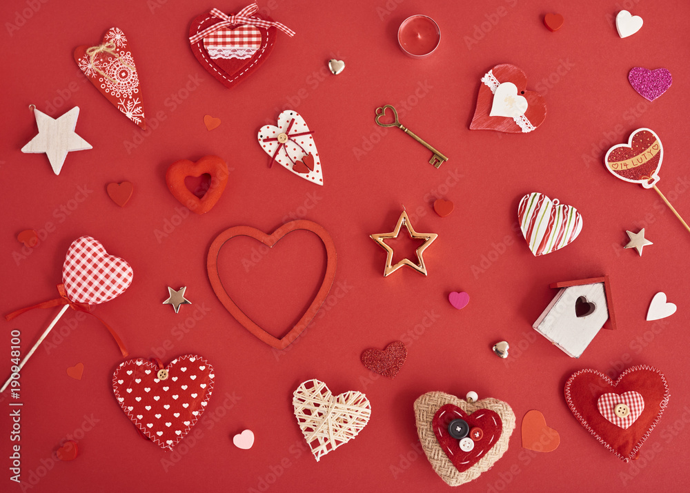 A lot of differen hearts., gift boxes and valentines toy over red background. Design mockup - obrazy, fototapety, plakaty 