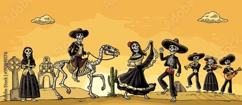 Skeleton Mexican costumes dance and play the guitar, violin, trumpet.