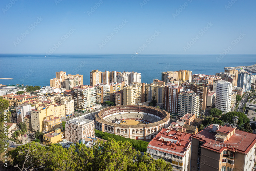 aerial view of Malagueta district and La Malagueta Bullring in Malaga, Spain, Europe on a bright summer day