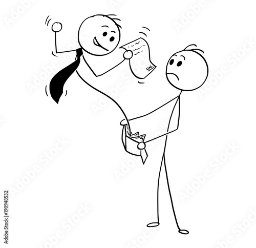 Cartoon stick man drawing conceptual illustration of businessman pop up with agreement from customer's wallet. Business concept of debt, loan and credit.