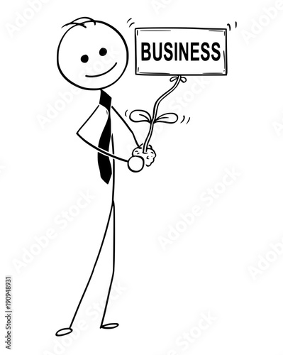 Cartoon stick man drawing conceptual illustration of businessman care about plant in his hand. Plant blooming flower as business text sign. Concept of investment, startup and success.
