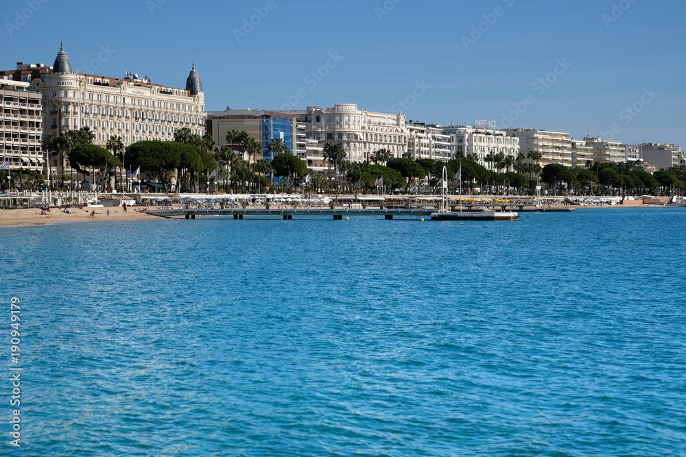 Cannes France view of the sea and beach famous celebrity intercontinental hotel and croisette photo