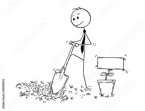 Cartoon stick man drawing conceptual illustration of businessman digging hole to plant a tree with empty or blank sign as flower. Business concept of investment, growth and success.