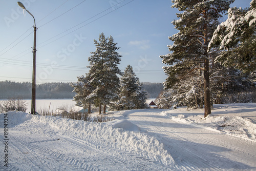 Snowy winter village outdoors in the Karelia Republic, Russia.