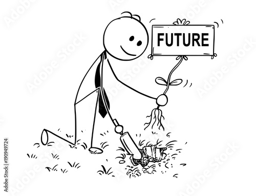Cartoon stick man drawing conceptual illustration of businessman digging hole with small shovel to plant a tree with future sign as flower. Business concept of investment, growth and success.