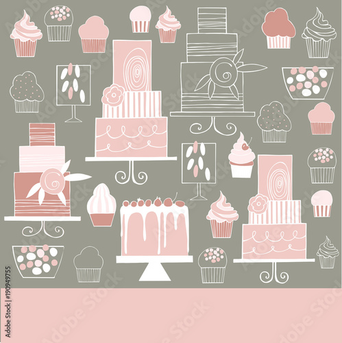 Vector background with hand drawn cakes and cupcakes. Wedding dessert bar with cake. Sweet table.
