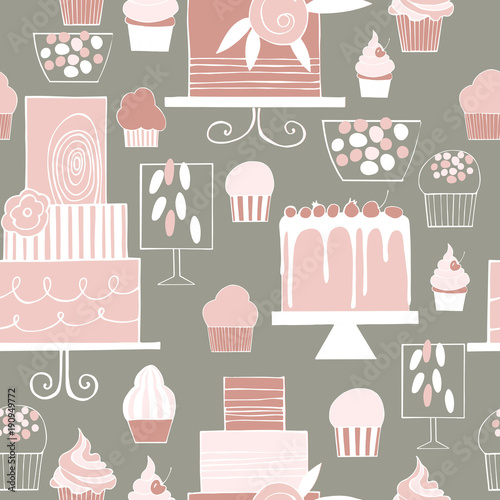 Hand drawn cakes and cupcakes. Wedding dessert bar with cake. Sweet table. Vector seamless pattern