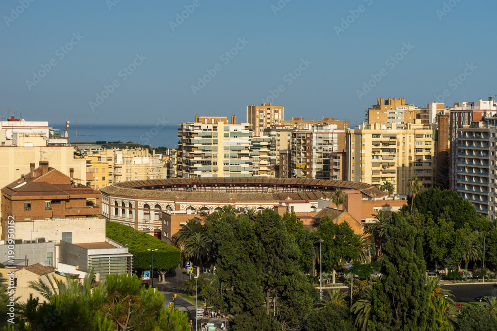 aerial view of Malagueta district and La Malagueta Bullring in Malaga, Spain,