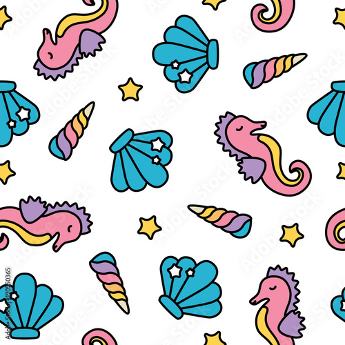 Cute rainbow pastel seahorse sea seamless pattern with unicorn horns