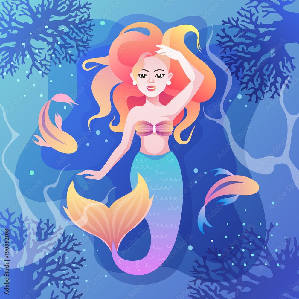 beautiful mermaid in the sea. vector illustration. underwater world beautiful mermaid in the sea. vector illustration. underwater world