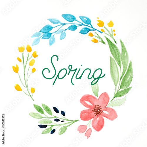 Spring on flowers wreath watercolors  Hand drawing flowers in watercolor style on white paper background  banner