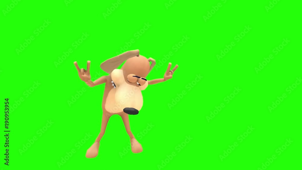 Happy smiling animated dog hound canine pooch mutt cartoon character does mosh pit dance moves multiple times in front of green screen background