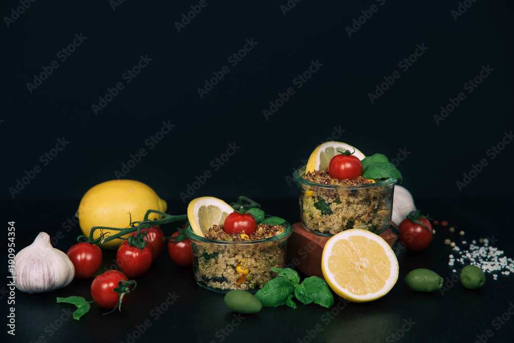Vegan salad of vegetables, mushrooms and quinoa. Vegan salad of vegetables, mushrooms and quinoa.