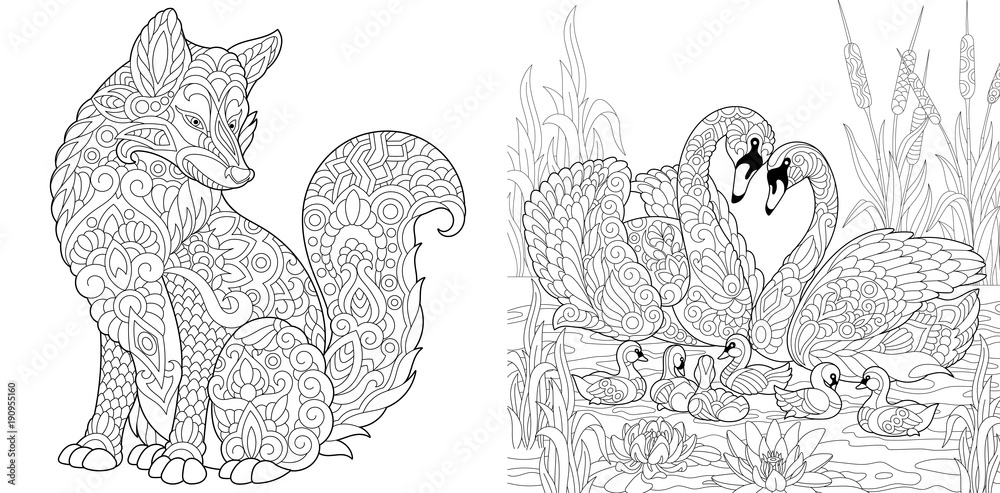 Naklejka premium Coloring Page. Adult Coloring Book. Wild Fox animal. Swan birds couple for Valentines or Family Day vintage greeting card. Antistress freehand sketch collection with doodle and zentangle elements.