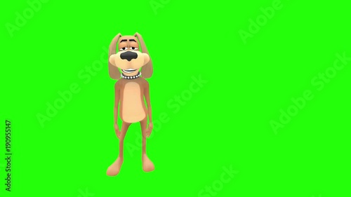 Happy funny silly animated cartoon dog hound canine pooch mutt character reacts touching his neck like Rodney Dangerfield multiple times in front of green screen background photo