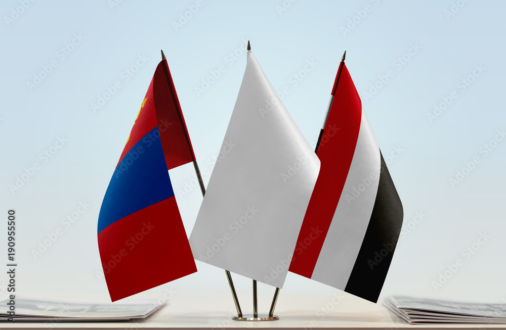 Flags of Mongolia and Yemen with a white flag in the middle