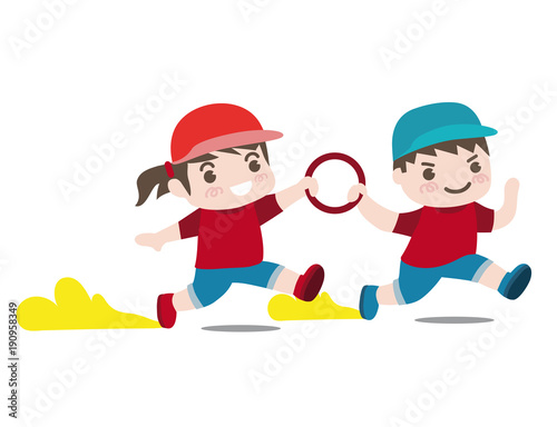 運動会女の子と男の子リレーベクターイラスト