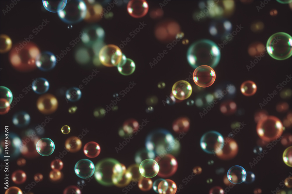 Soap Bubbles Dark Background. 3D illustration. Soap bubbles flying randomly. Soap Bubbles Dark Background. 3D illustration. Soap bubbles flying randomly.