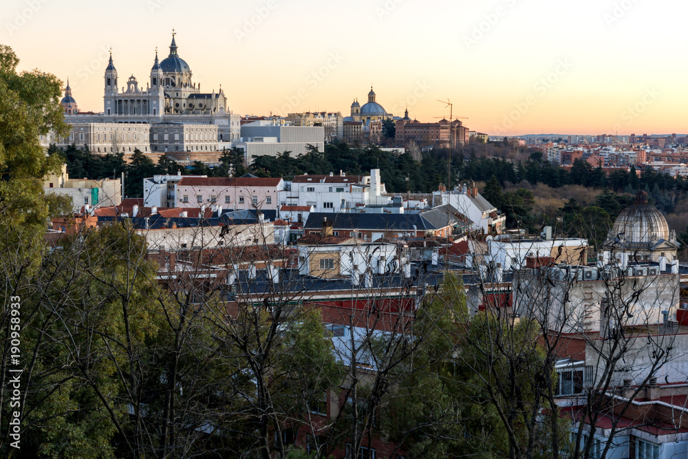 Fototapeta premium Sunset view of Royal Palace and Almudena Cathedral in City of Madrid, Spain