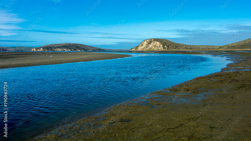 Panoramic view end of an estuary at the Estero Trail in Point Reyes National Seashore, California, USA
