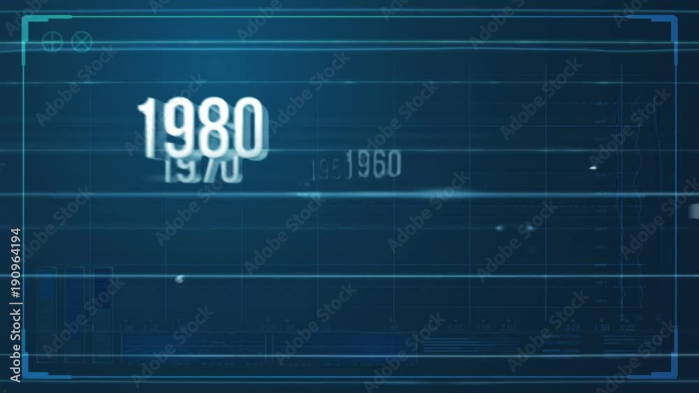  Progression of a time line linked to extruded silver decade numerals in chronological order from the past into the future overlaid with a blue tinted futuristic technical data analysis interface