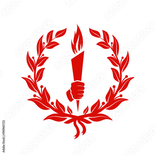 hand with a torch among the leaves of the laurel.