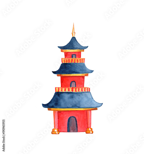 Chinese pagoda on white background. Taoist or buddhist temple watercolor illustration.