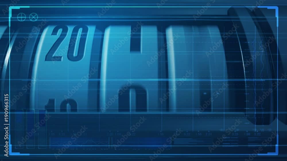A timelapse of a mechanical odometer concept with dates and years increasing over time overlaid with a technical data analysis interface A timelapse of a mechanical odometer concept with dates and years increasing over time overlaid with a technical data analysis interface