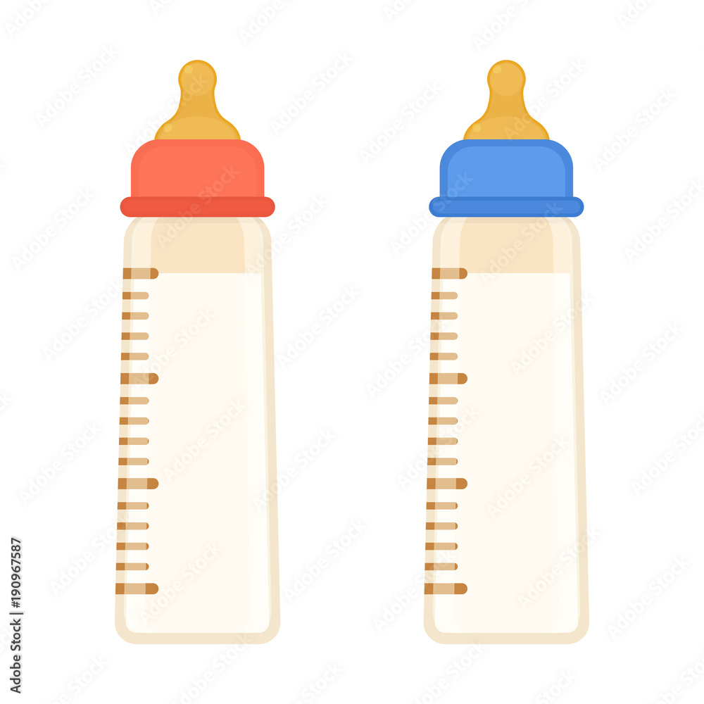 Vector illustration of feeding bottles with milk, red and blue color, isolated on white background. Baby care equipment Vector illustration of feeding bottles with milk, red and blue color, isolated on white background. Baby care equipment