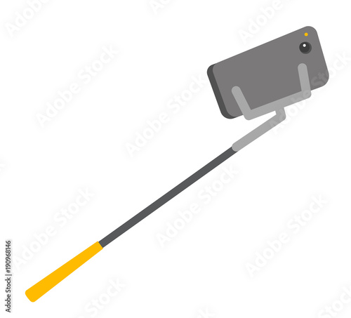 Smartphone mounted on an adjustable clamp on the end of extensible selfie stick vector cartoon illustration isolated on white background