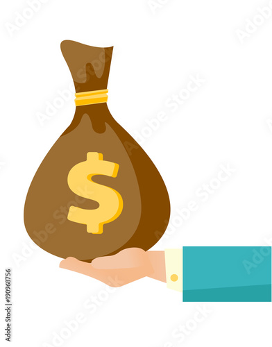 Businessman hand holding a money bag vector cartoon illustration isolated on white background.