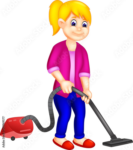 funny girl cartoon standing cleaning floor use vacum cleaner