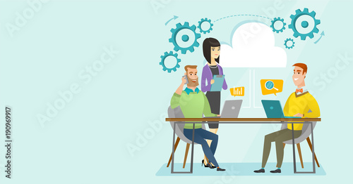 Caucasian white and asian business people using laptop computers  talking on mobile phone in office under cloud. Office life and cloud computing concept. Vector cartoon illustration. Horizontal layout