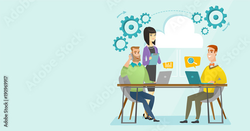 Caucasian white and asian business people using laptop computers, talking on mobile phone in office under cloud. Office life and cloud computing concept. Vector cartoon illustration. Horizontal layout