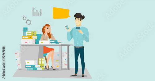 Young stressful caucasian white office worker sitting at workplace with stacks of papers and looking at her asian employer pointing at mobile phone. Vector cartoon illustration. Horizontal layout.