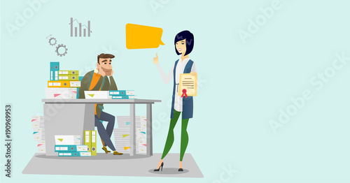 Tired office worker sitting at workplace with stacks of papers and looking at his employer showing certificate and thumb up. Concept of stress at work and business award. Vector cartoon illustration.