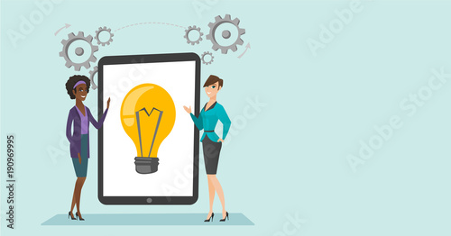 Caucasian white and arican business women pointing at lightbulb on tablet computer screen and working on business idea. Women discussing business ideas. Vector cartoon illustration. Horizontal layout.